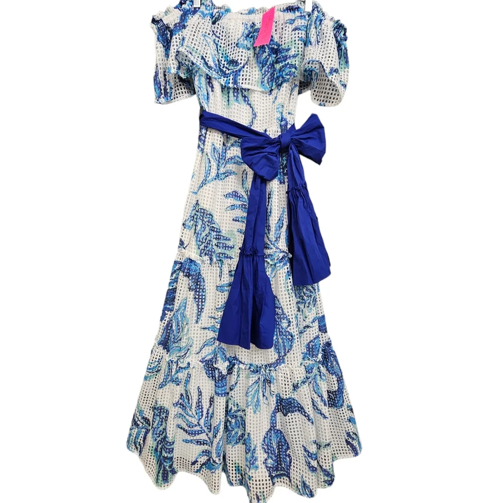 Nwt Lilly Pulitzer Sona White/Blue Floral Off Shoulder Tiered Mesh Midi Dress - Picture 3 of 17
